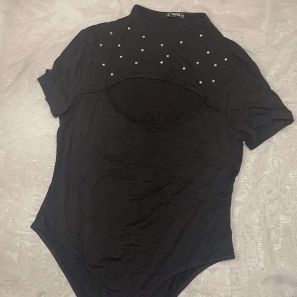 Shein Open chest Black Shirt Size 0XL with Pearls